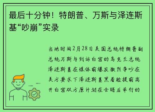 最后十分钟！特朗普、万斯与泽连斯基“吵崩”实录